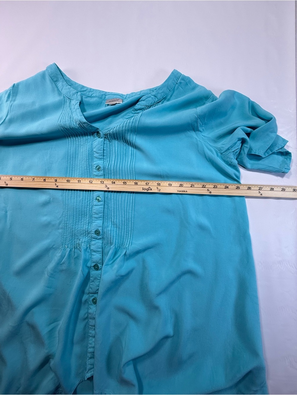 Modern Turquoise Blue Pintuck Button Front Rayon Tunic Top Avenue 22/24 Plus - Picture 7 of 8